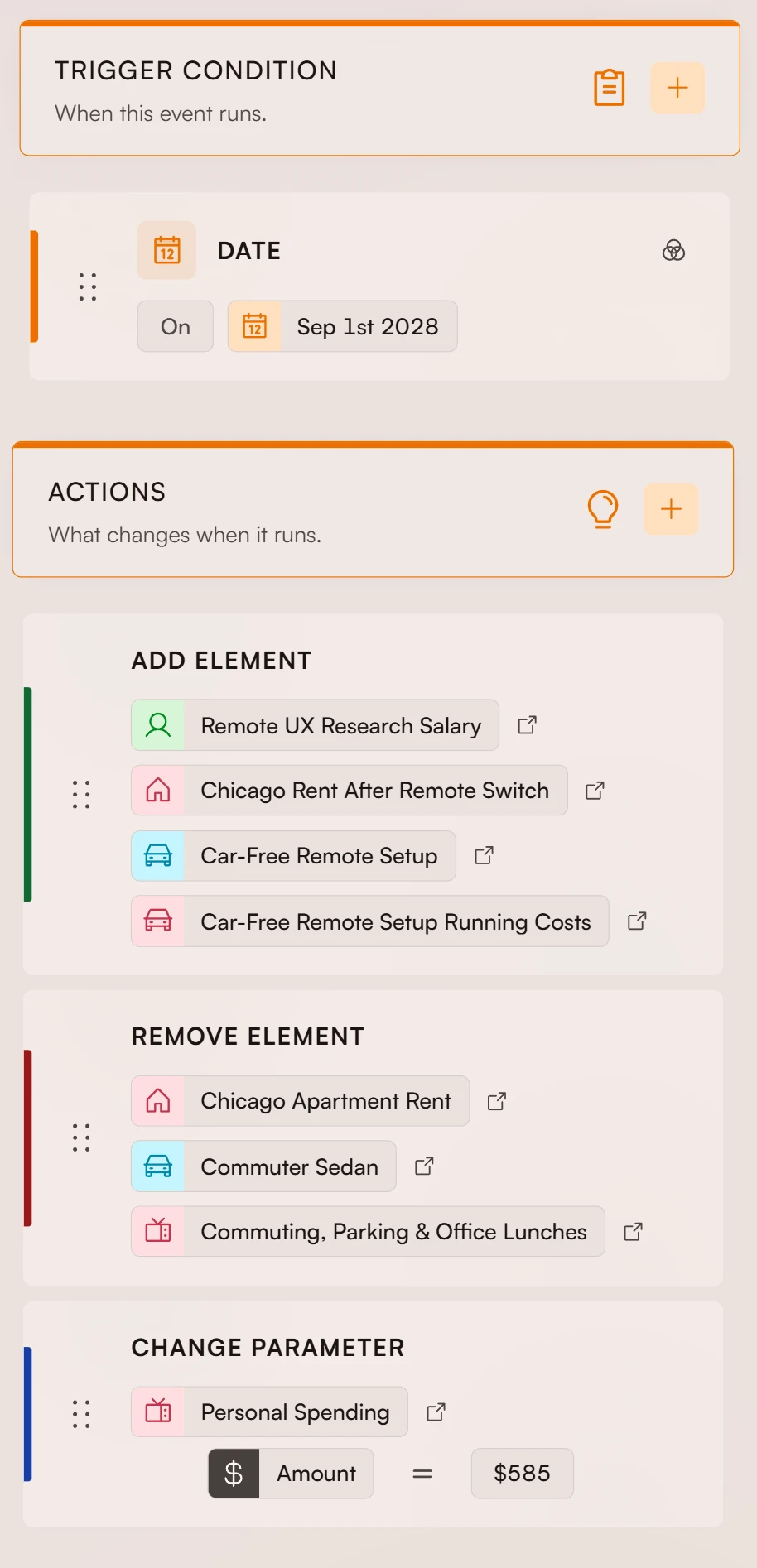 Fignis event editor showing a career switch scenario with income and planning assumptions