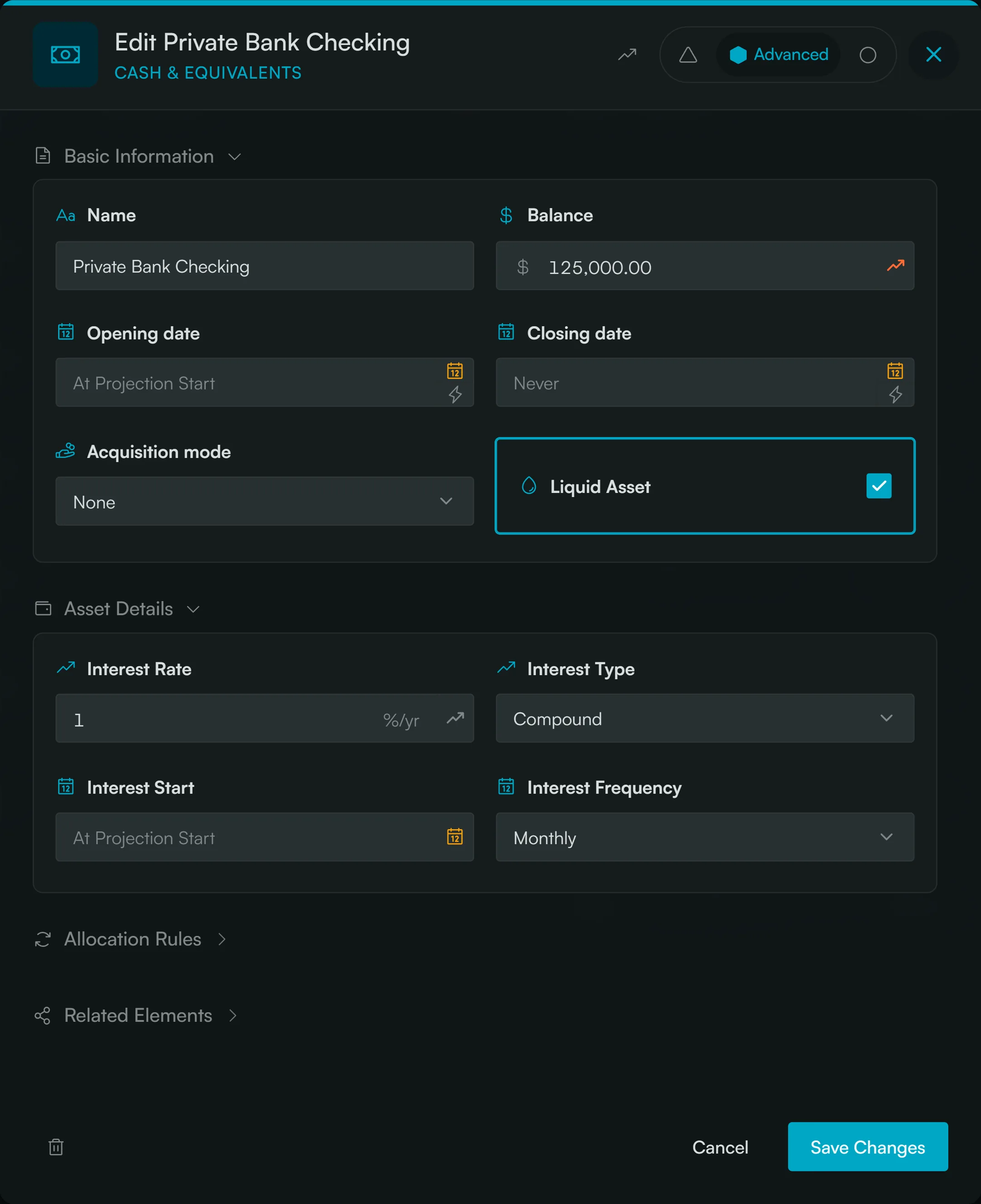 Fignis financial element editor with amount, timing, category, and advanced settings